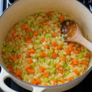 Diced onion, carrots, and celery softening in a Dutch oven