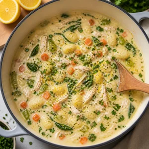 Lemon zest and parsley finishing the creamy chicken gnocchi soup