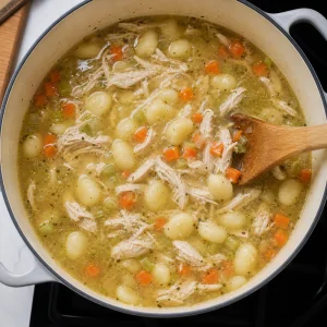 Shredded chicken and potato gnocchi simmering in the soup