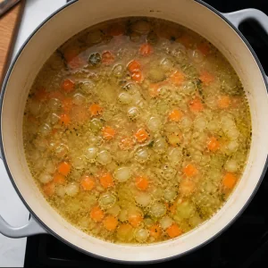 Vegetable broth base gently simmering in a Dutch oven