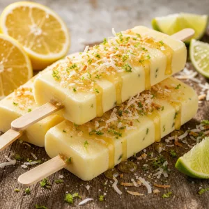 Gotowe lody cytrynowo-kokosowe z miodem, kokosem i skórką z limonki
