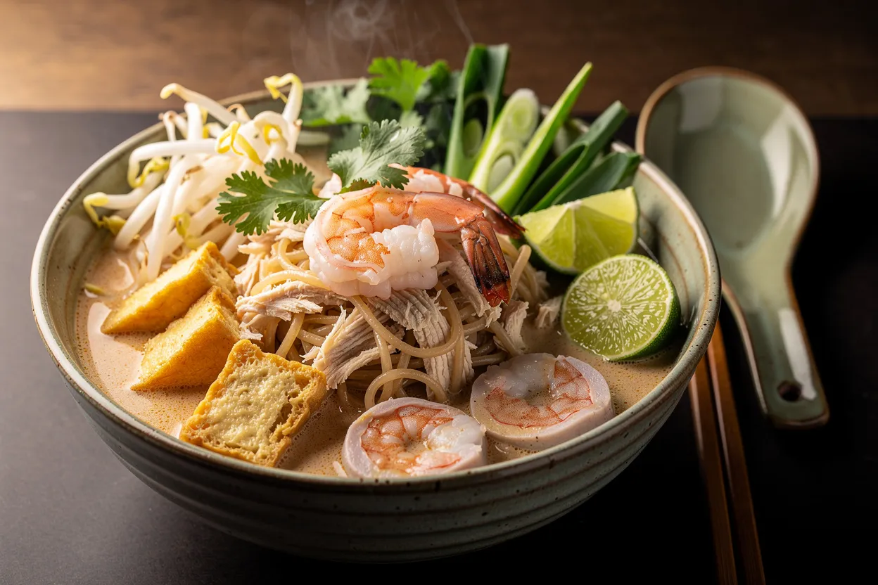 Laksa malais crémeux aux crevettes et poulet parfumé maison