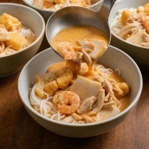 Heisse Laksa-Bruehe wird ueber Vermicelli geschoepft