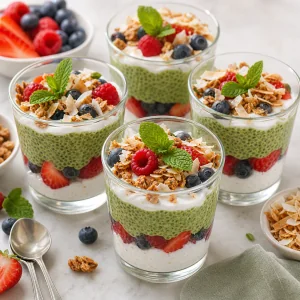 Matcha chia parfaits layered with berries and granola