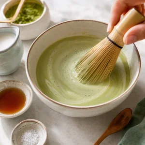 Matcha coconut milk mixture being whisked