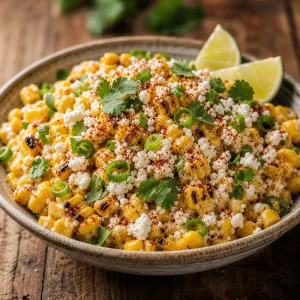 Finished esquites corn salad topped with Cotija, chile, herbs, and lime
