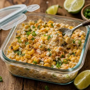 Leftover creamy corn salad in a glass container with lime nearby