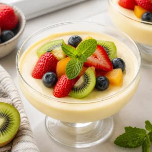Chilled milk custard finished with fresh fruit and a mint leaf