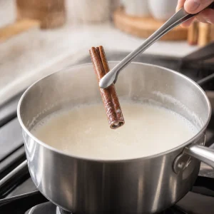 Cinnamon stick removed from steaming milk just before boiling