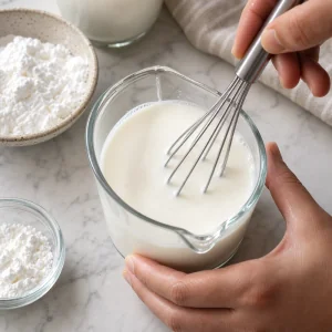 Cold milk and cornstarch whisked in a glass until smooth