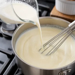 Cornstarch milk mixture poured into the saucepan while whisking