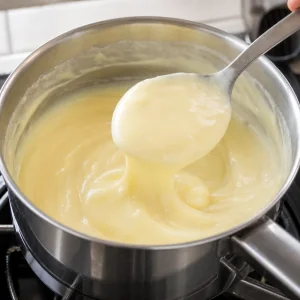 Custard stirred on low heat until thick creamy and smooth