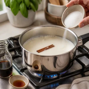 Milk heating in a saucepan with sugar cinnamon stick and vanilla