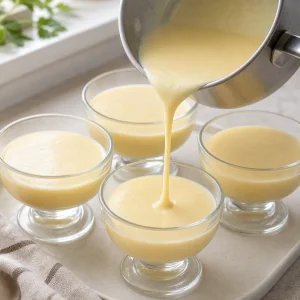 Warm custard poured into individual dessert glasses to cool