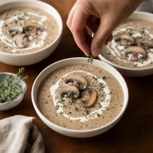 Sopa cremosa de cogumelos servida em tigelas com tomilho e creme
