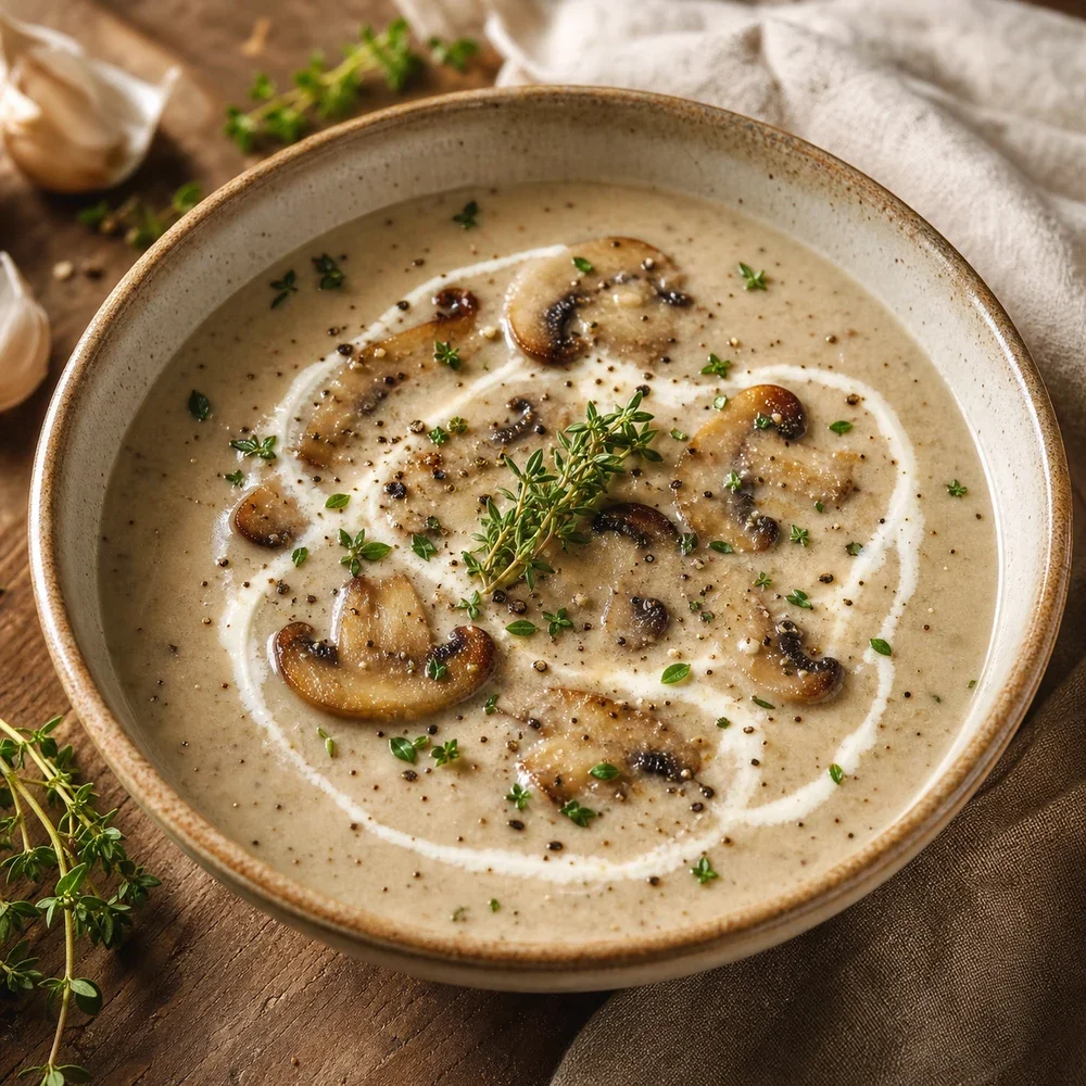 Sopa cremosa de cogumelos finalizada com tomilho creme e pimenta preta