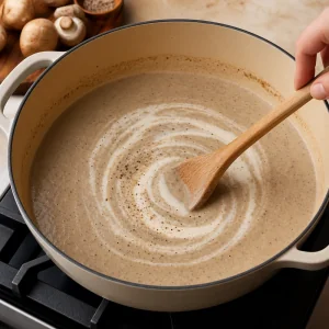 Natas misturadas na sopa cremosa de cogumelos com pimenta e noz moscada