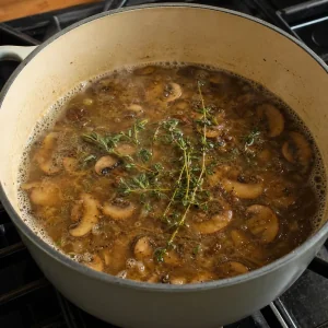 Sopa de cogumelos fervendo suavemente com caldo e ramos de tomilho fresco