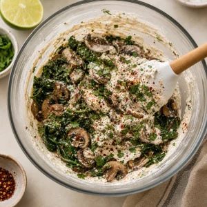 Creamy cheese mixture folded with mushrooms, spinach, cilantro, and spices.