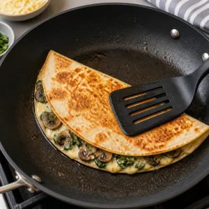 Folded quesadilla browning in a skillet with melted filling visible.