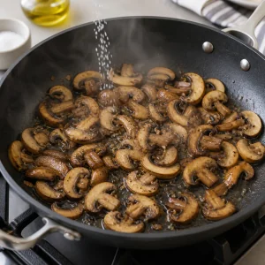 Sliced cremini mushrooms browning in a hot skillet.