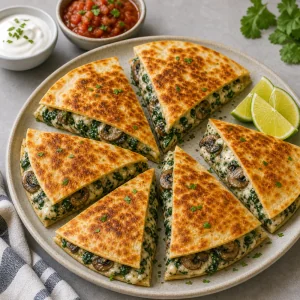 Sliced mushroom spinach quesadilla wedges served with lime, sour cream, and salsa.