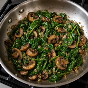 Spinach wilted with browned mushrooms, onion, and garlic in a skillet.