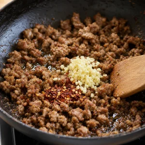 Garlic and red pepper flakes stirred into browned Italian sausage
