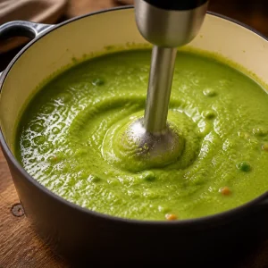Velouté vert de petits pois mixé au mixeur plongeant