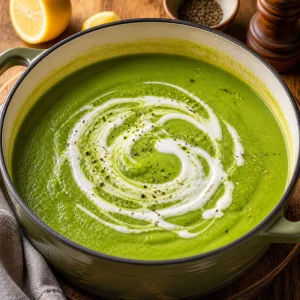 Crème dessinant des volutes dans un velouté de petits pois