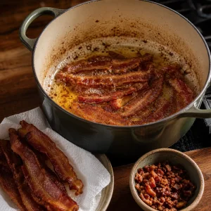 Bacon croustillant égoutté près d’une casserole de graisse rendue