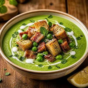 Velouté de petits pois garni de croûtons, bacon, menthe et crème