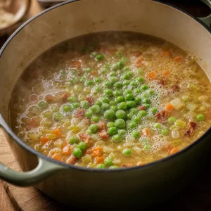 Petits pois verts mijotant avec le bouillon et les légumes