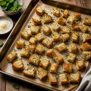 Croûtons au parmesan et aux herbes dorant sur une plaque