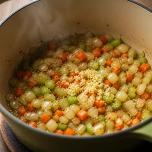Oignon, carottes, céleri et ail revenus dans une casserole