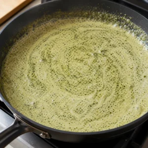 Pesto de manjericao e creme de leite fervendo em molho verde cremoso