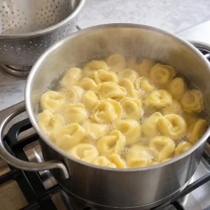 Tortellini de queijo fervendo em agua salgada ate ficar macio