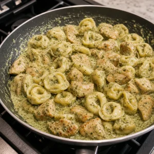 Frango cozido e tortellini misturados em molho cremoso de pesto