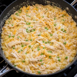 Chicken, rotini, peas, and cheese folded into creamy sauce