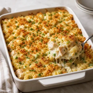 Creamy ranch chicken pasta bake with golden crumb topping
