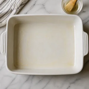 Greased rectangular baking dish ready for pasta bake