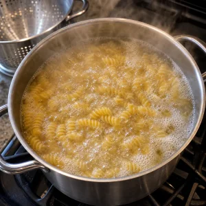 Rotini pasta boiling in a large pot