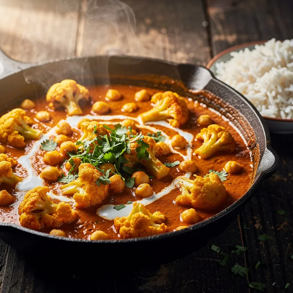 A vibrant orange-red cauliflower and chickpea tikka masala garnished with cilantro in a cast iron pan