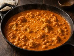 Blumenkohl und Kichererbsen koecheln in Tikka-Sauce