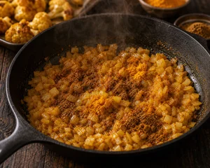 Gemahlene Gewuerze mit Zwiebeln in der Pfanne