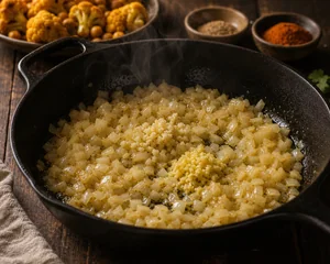 Zwiebel, Knoblauch und Ingwer werden in einer Pfanne weich