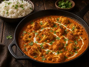 Tikka Masala mit Koriander und Reis garniert