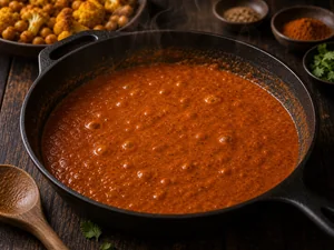 Tomaten-Tikka-Sauce koechelt in einer Pfanne