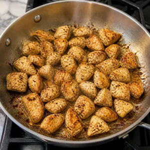 Chicken pieces browning in a skillet
