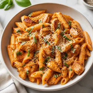 Creamy roasted red pepper pasta with chicken, Parmesan, and basil